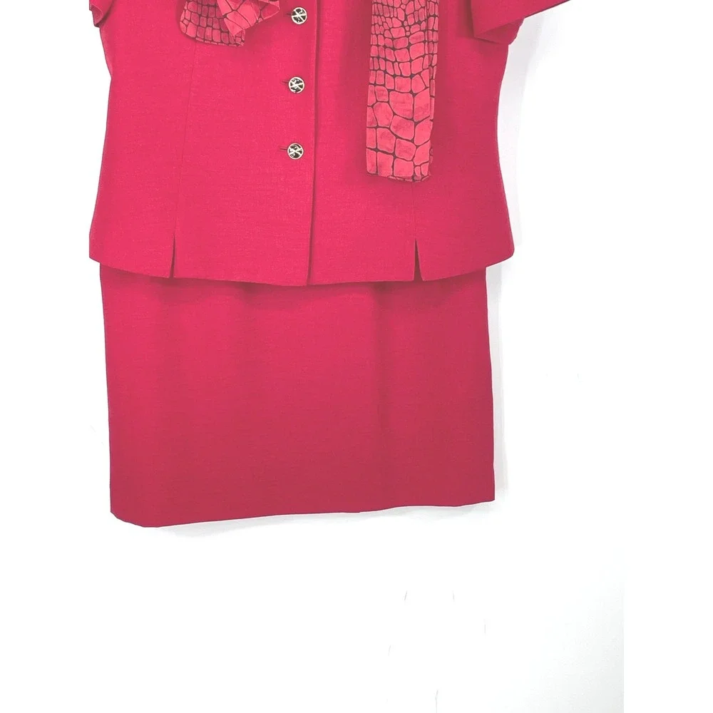 Kasper ASL Women Skirt Suit 12P Set Red Short Sleeve Scarf Professional